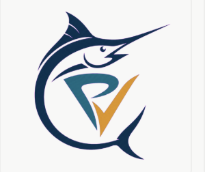 Puerto Vallarta Fishing & Tours logo: a blue marlin encircling a PV monogram
